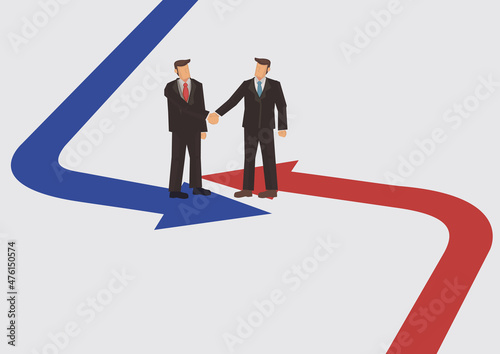 Businessman handshake from opposite direction arrow