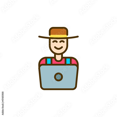 Modern smart farmer. Person wearing a hat and overalls at the computer. Pixel perfect, editable stroke colorful icon