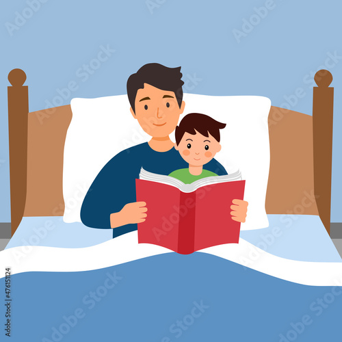 Father reading story for his son in bedroom vector illustration. Children bedtime story book. photo