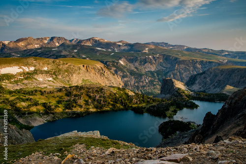 Twin Lakes in the Beartooth Mountains at sunset. 
