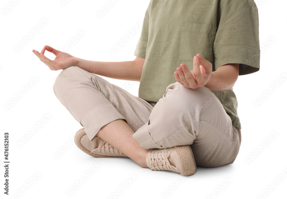 Fototapeta premium Woman meditating on white background, closeup view