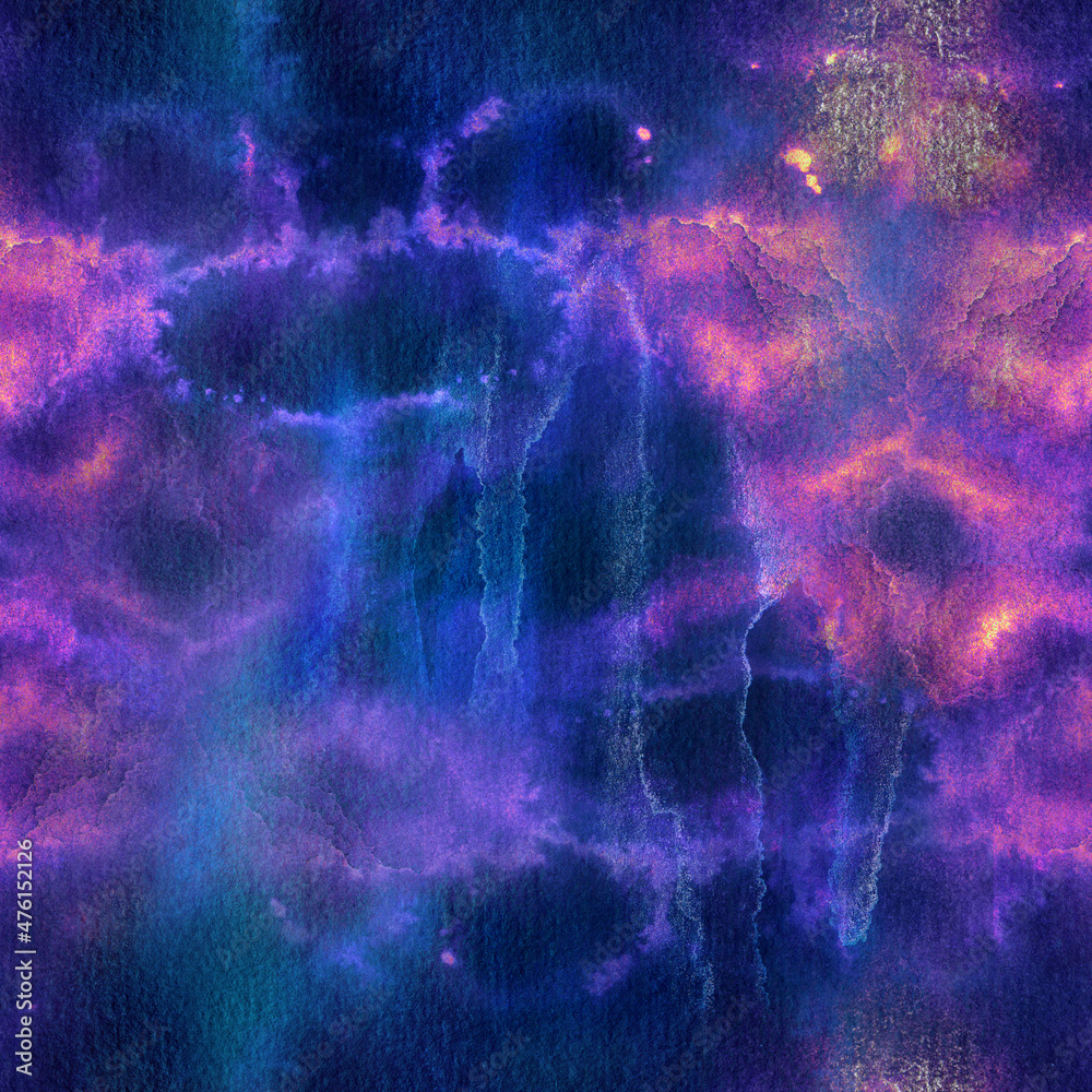 Galaxy blue watercolor abstract seamless pattern. Electric blue, magenta and pink vibrant background.