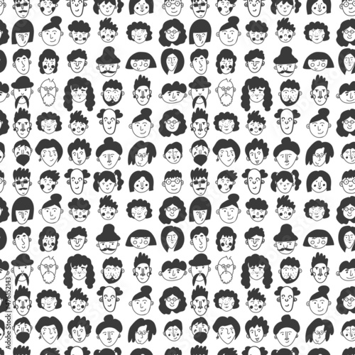 people doodle seamless pattern. Cartoon characters of different gender and age. Cute print for printing on paper and fabric. Stylish endless background design. Vector illustration, hand-drawn