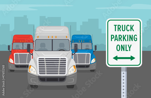 Outdoor parking rules. Close-up view of a "Truck parking only" sign. American trucks parked parked in rest area. Front view. Flat vector illustration template.