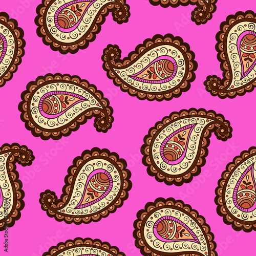 Illustration raster seamless paisley pattern with patterns on a pink background. High quality illustration