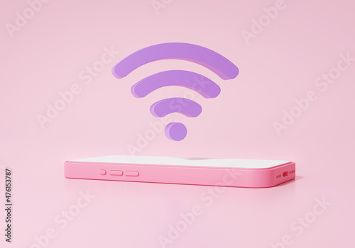 Minimal cartoon style Wifi icon with Smartphone hotspot signal release concept. cute smooth on pink background. 3d render illustration photo