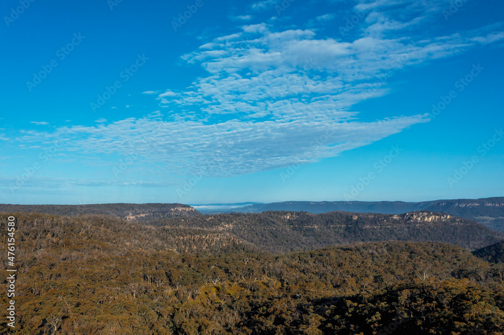 Drone aerial photograph of forest regeneration after bushfires in regional Australia Drone aerial photograph of forest regeneration after bushfires in regional Australia