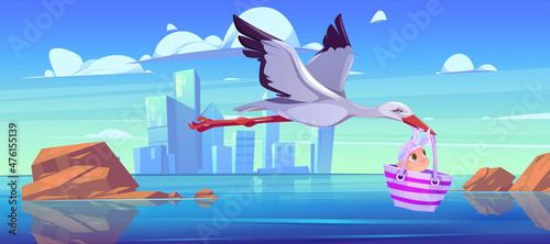 White stork carry newborn baby girl in bag flying over sea bay cityscape view. Child delivery, birth announcement, greeting and congratulation, baby shower celebration Cartoon vector illustration