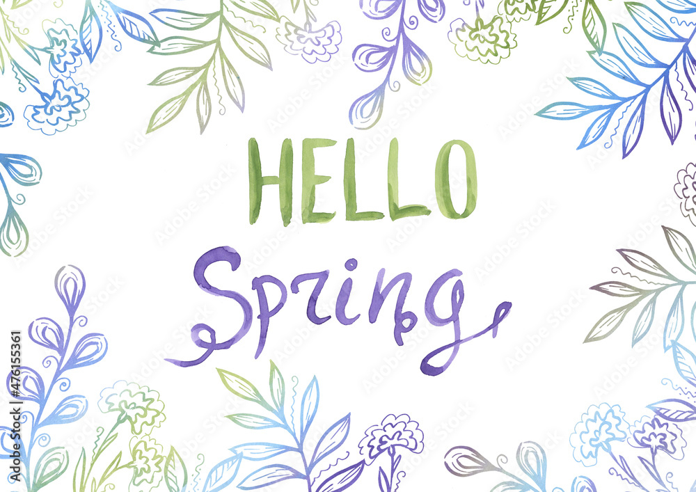Hello Spring hand drawn phrase. Watercolor green and violet lettering on floral background. Lettering spring season with Leave for greeting card and posters template