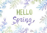 Hello Spring hand drawn phrase. Watercolor green and violet lettering on floral background. Lettering spring season with Leave for greeting card and posters template
