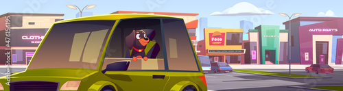Dog in car window, pet left in locked automobile at supermarket parking area at hot summer day, Animal wait owner in transport on cityscape with stores and shops buildings, Cartoon vector illustration