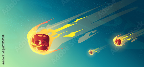 Meteor rain, asteroids or meteorites flying in night starry sky. End Jurassic era, comets with fire trail falling on Earth or alien planet, astronomical or fantasy scene, Cartoon Vector illustration