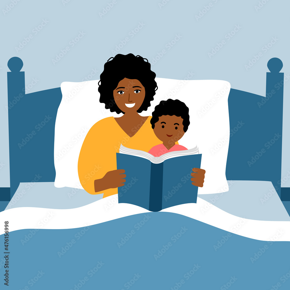 African Mother Reading Story For Her Daughter In Bedroom Vector  african-mother-reading-story-for-her-daughter-in-bedroom-vector