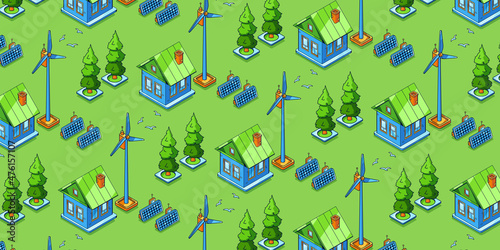 Eco friendly power generation, green energy seamless isometric pattern. House with solar panels and wind turbines, landscape with rural cottage, windmills and sun batteries 3d Vector line art ornament