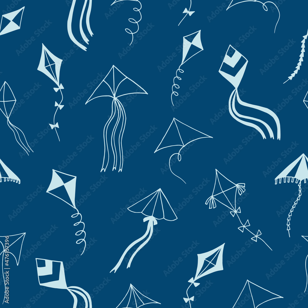 kites seamless pattern hand drawn doodle. vector, minimalism, scandinavian, monochrome, trendy colors 2022. toy, sky, wind, flying, ribbon, tail. wallpaper, textile, background, wrapping paper.