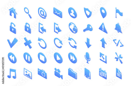 Isometric web icons with symbols of mail, search, home, globe and photo. Vector set of blue buttons for website, computer or phone with signs of media, message, calendar, music and download