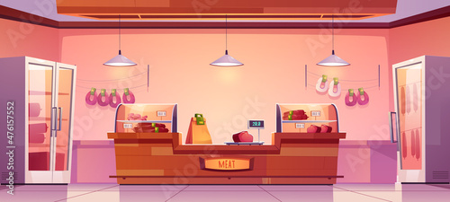 Meat shop, butchery store interior with farm production on showcase, cashier desk and scales. Fresh sausages hang on wall, farmer meaty products, food in supermarket stall, Cartoon vector illustration