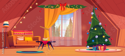 Living room interior with Christmas tree and sofa on house attic. Vector cartoon illustration of cozy room under wooden roof with New Year decoration, Xmas fir, couch and forest behind window