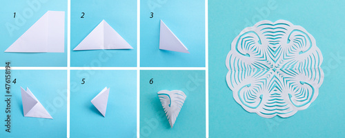 Step by step photo instruction how to make origami paper personalized xmas decoration snowflake. Simple diy with kids children's concept.