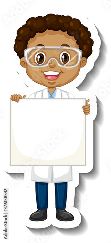 Scientist boy holding empty board in sticker style