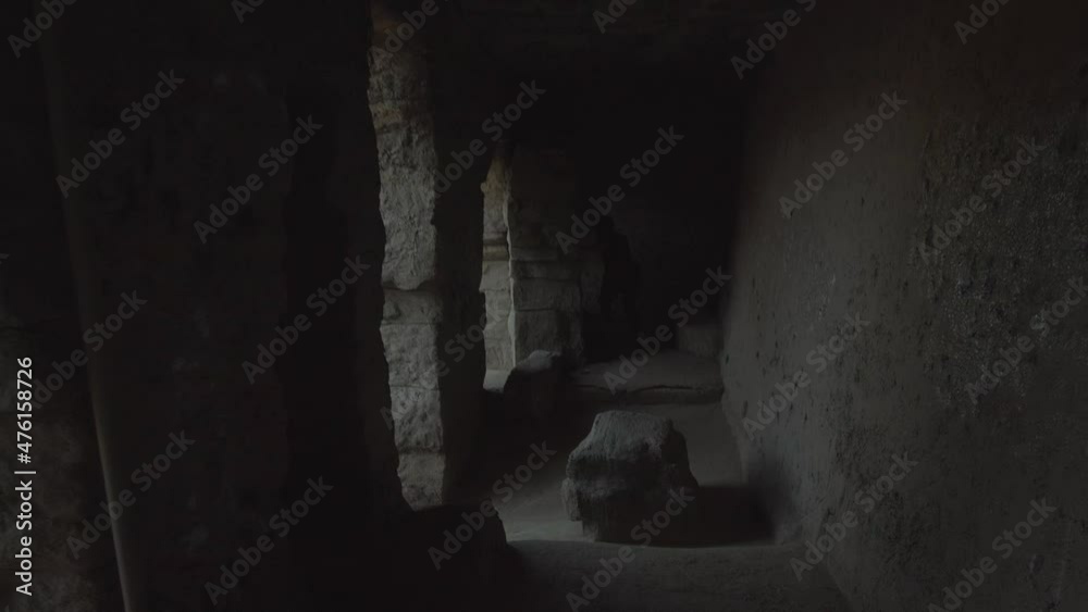 A girl running away in a dark and scary cloister A girl running away in a dark and scary cloister