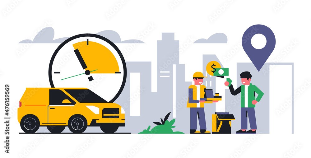 Online food delivery service to your home. The courier of the delivery service transfers the order and receives the money. Time, car, city. Vector illustration