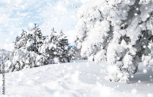 Winter background with heavy snow. Abstract snow among trees and snowdrift