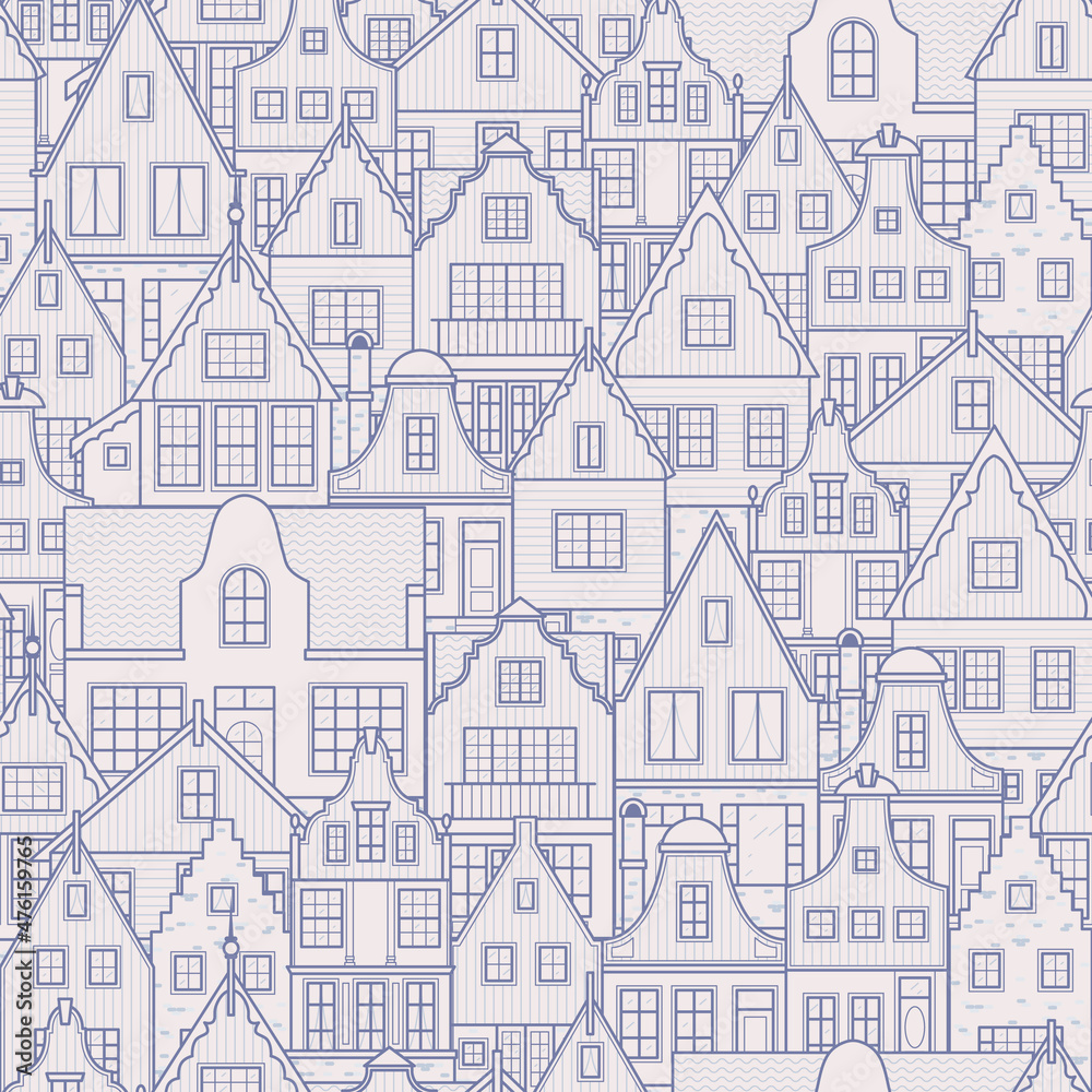 Old european city. Holland houses facades in traditional Dutch style. The Decorative Architecture of Amsterdam. Seamless pattern. Background