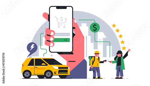Online food delivery service to your home. Contactless payment for food delivery through the terminal. Feedback to the courier is five stars. Phone, hand, app, money, pay, cash. Vector illustration