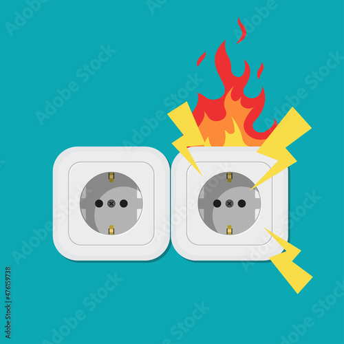 burnt socket. Fire from overload. Electrical safety concept. Vector illustration of flat designs.