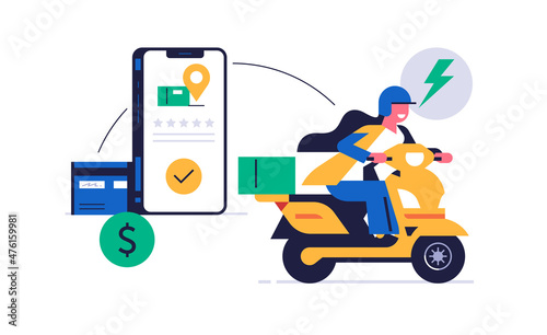Online parcel delivery service concept. Mobile app concept. Phone with parcel delivery app on display. Fast motorcycle courier woman completed order received five stars feedback and online payment.