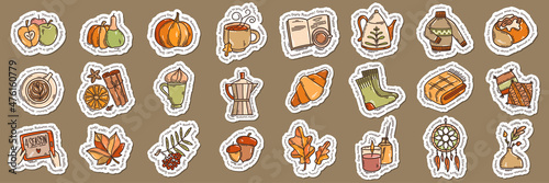 Set of color hand-drawn autumn mood stickers in doodle style. Cozy cute cartoon collection isolated on white background for seasonal decoration.