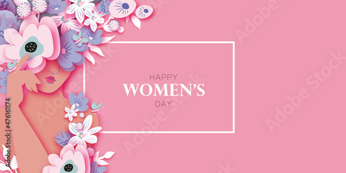 Beautiful female face. Floral vase woman. Flower bouquet. Happy Women's day. Happy Mother's Day. Venera, Venus female concept paper cut style. Bodypositive. 8 March. Pink. White. Very peri.