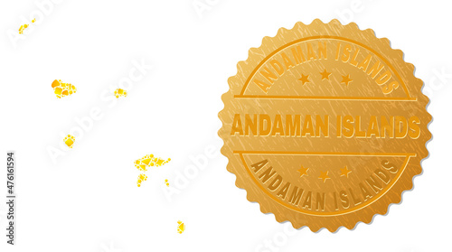 Golden composition of yellow particles for Marquesas Islands map, and golden metallic Andaman Islands seal print. Marquesas Islands map composition is constructed of scattered golden particles. photo