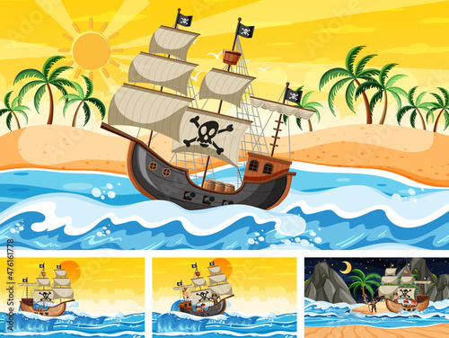 Four different beach scenes with pirate ship