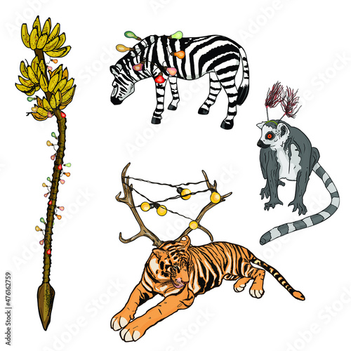 Isolated vector illustration of a set of wild animals. Christmas picture of tropical animals for printing, blank for the designer