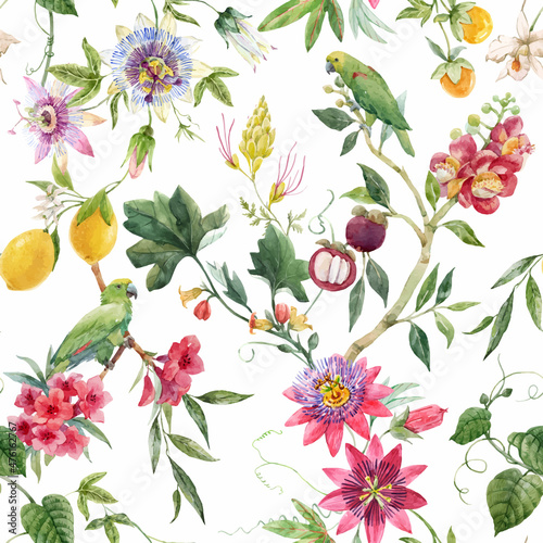 Valokuvatapetti Beautiful vector seamless tropical floral pattern with hand drawn watercolor exotic jungle flowers