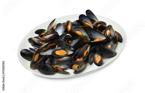 Plate of cooked mussels with parsley isolated on white