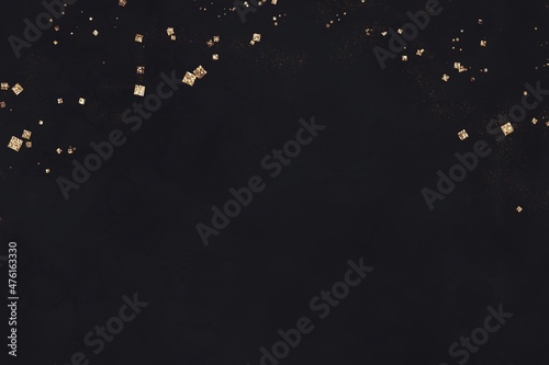抽象背景）黒い背景に金色のグリッター装飾 四角い紙吹雪 ラメ クリスマス 輝き ダーク スペース 夜