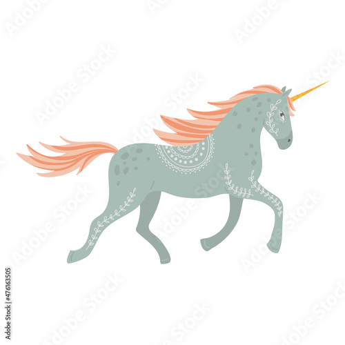 Beautiful unicorn in folk art style, vector illustration.