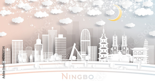 Ningbo China City Skyline in Paper Cut Style with White Buildings, Moon and Neon Garland. photo