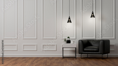 Fototapeta Naklejka Na Ścianę i Meble -  Modern classic elegance living room with black leather chair over white wall panels.