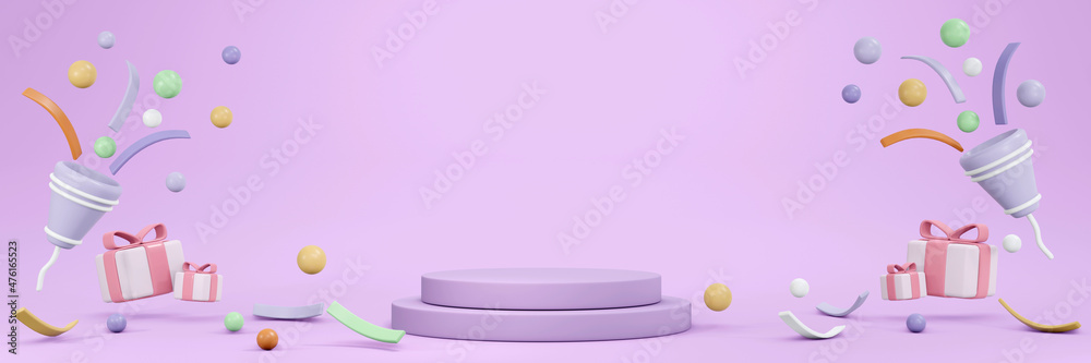 3D Rendering of party popper and confetti with podium in pastel theme banner background. 3D Render illustration. - obrazy, fototapety, plakaty 