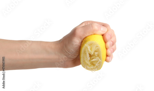 Картината върху платно Woman squeezing lemon half on white background, closeup