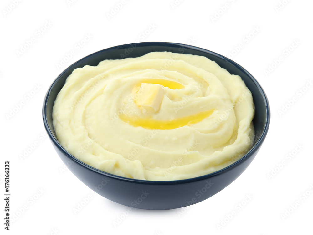 Bowl with freshly cooked homemade mashed potatoes isolated on white Bowl with freshly cooked homemade mashed potatoes isolated on white