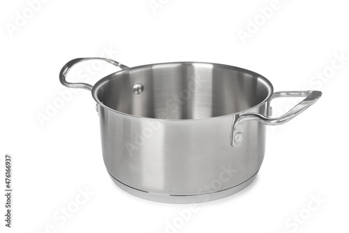 New shiny pot isolated on white. Domestic kitchenware