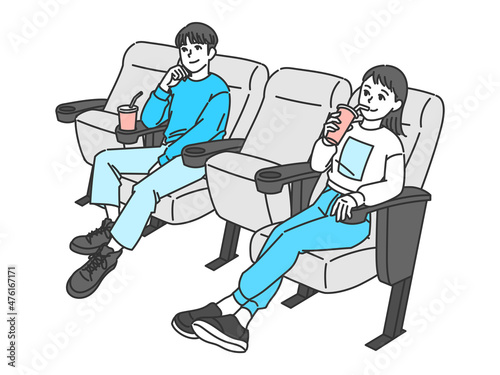 映画館で映画を見る男女のベクターイラスト