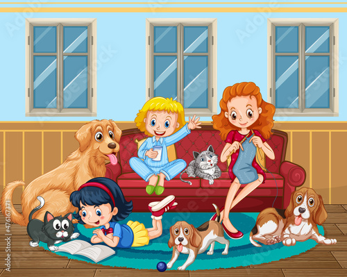 Mom and daughter with many dogs in the room scene