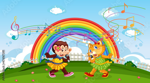 Monkey and cat performance singing wuth rainbow and melody symbols