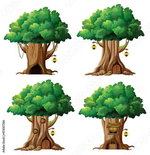 Set of different fantasy tree houses inside tree trunk
